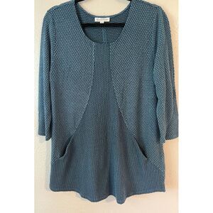 North Style-Blue Green Polka Dot Textured Long Sleeve Knit Top Tunic-Pockets Med
